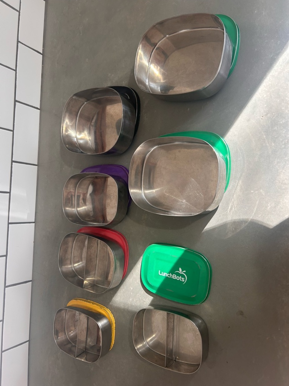 Stainless Steel Food Containers Set with Green, Red, Purple, Yellow & Black Lids